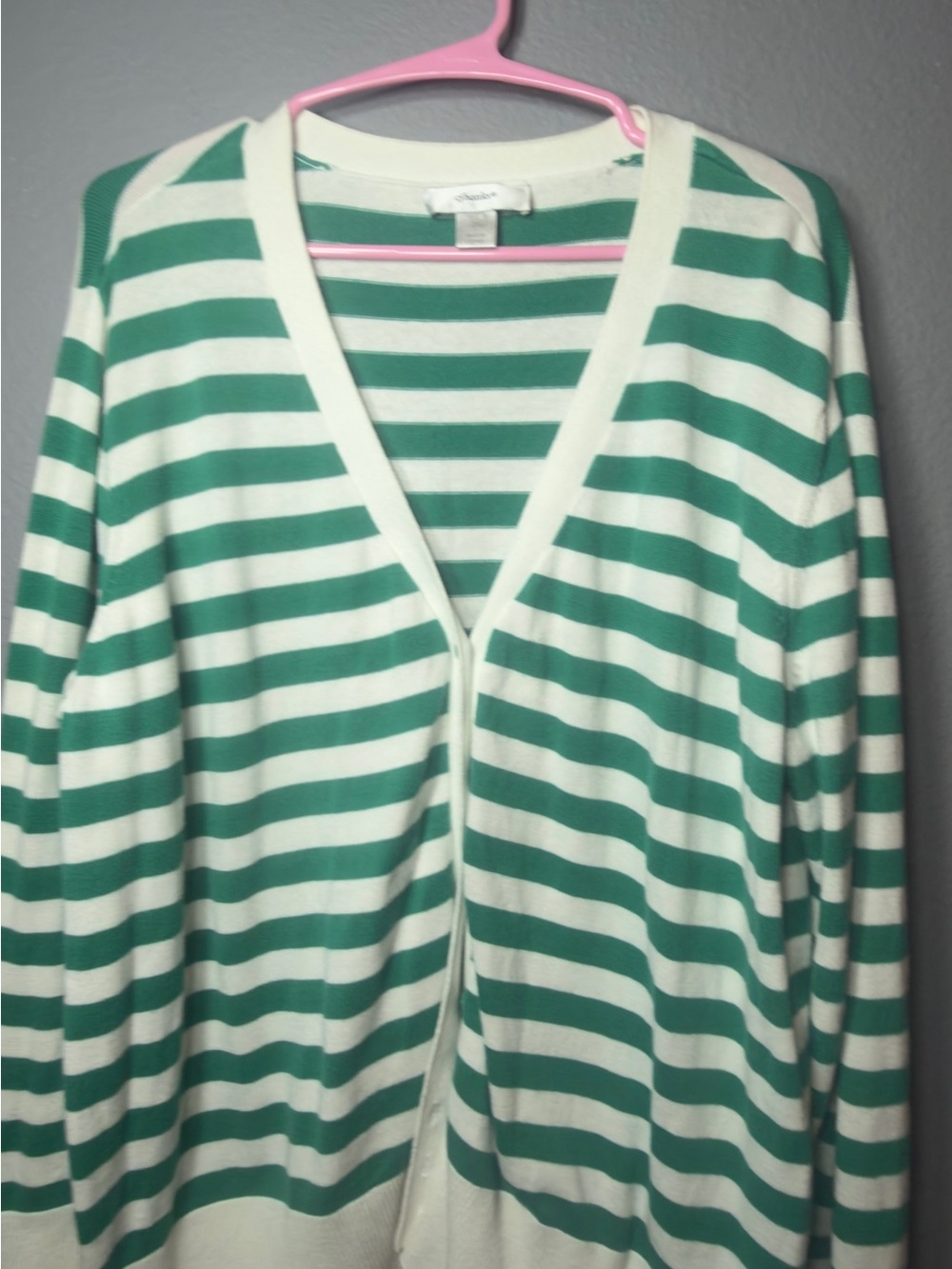 CJ Banks Green & White Striped V-Neck Cardigan